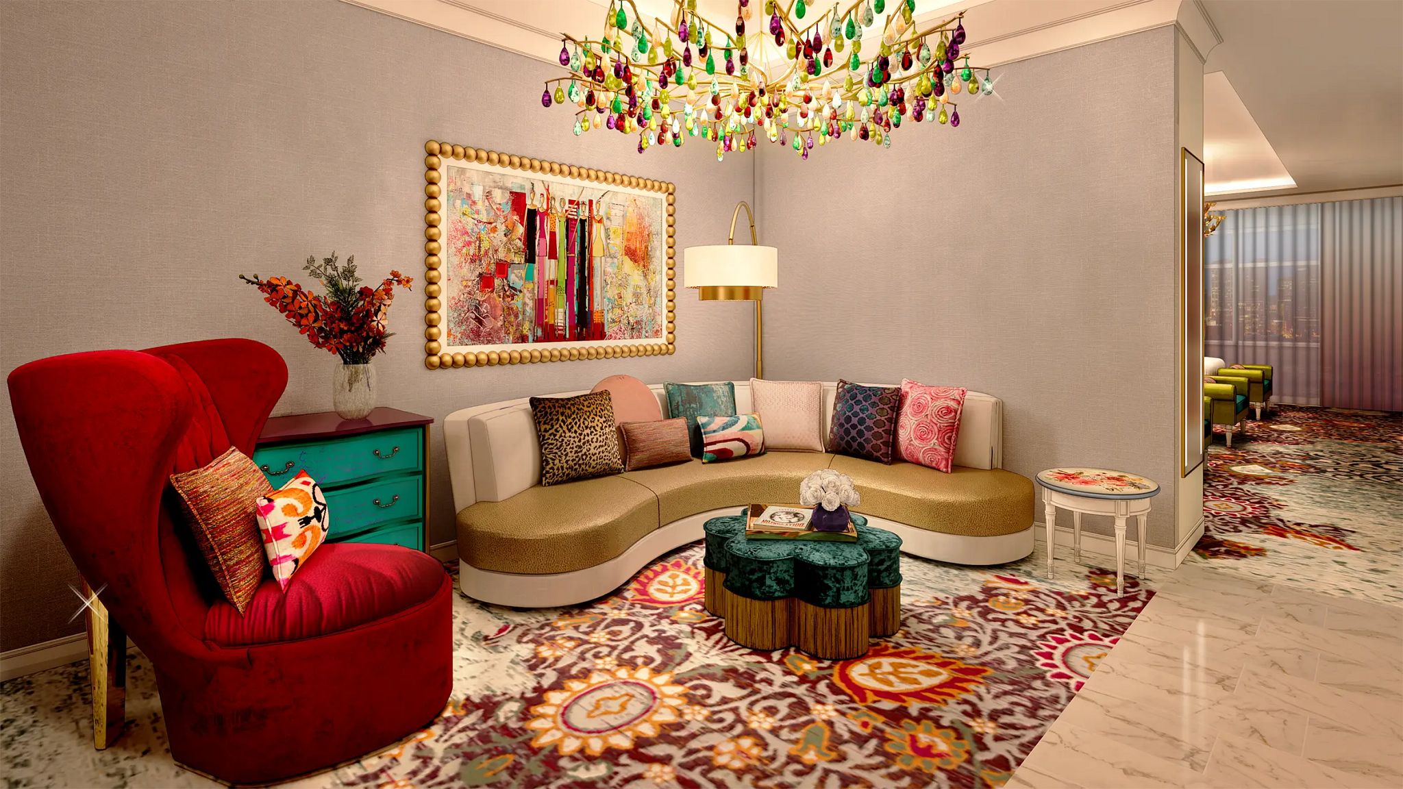 Rendering of a Six Sister Suite at Dolly Parton's Songteller Hotel