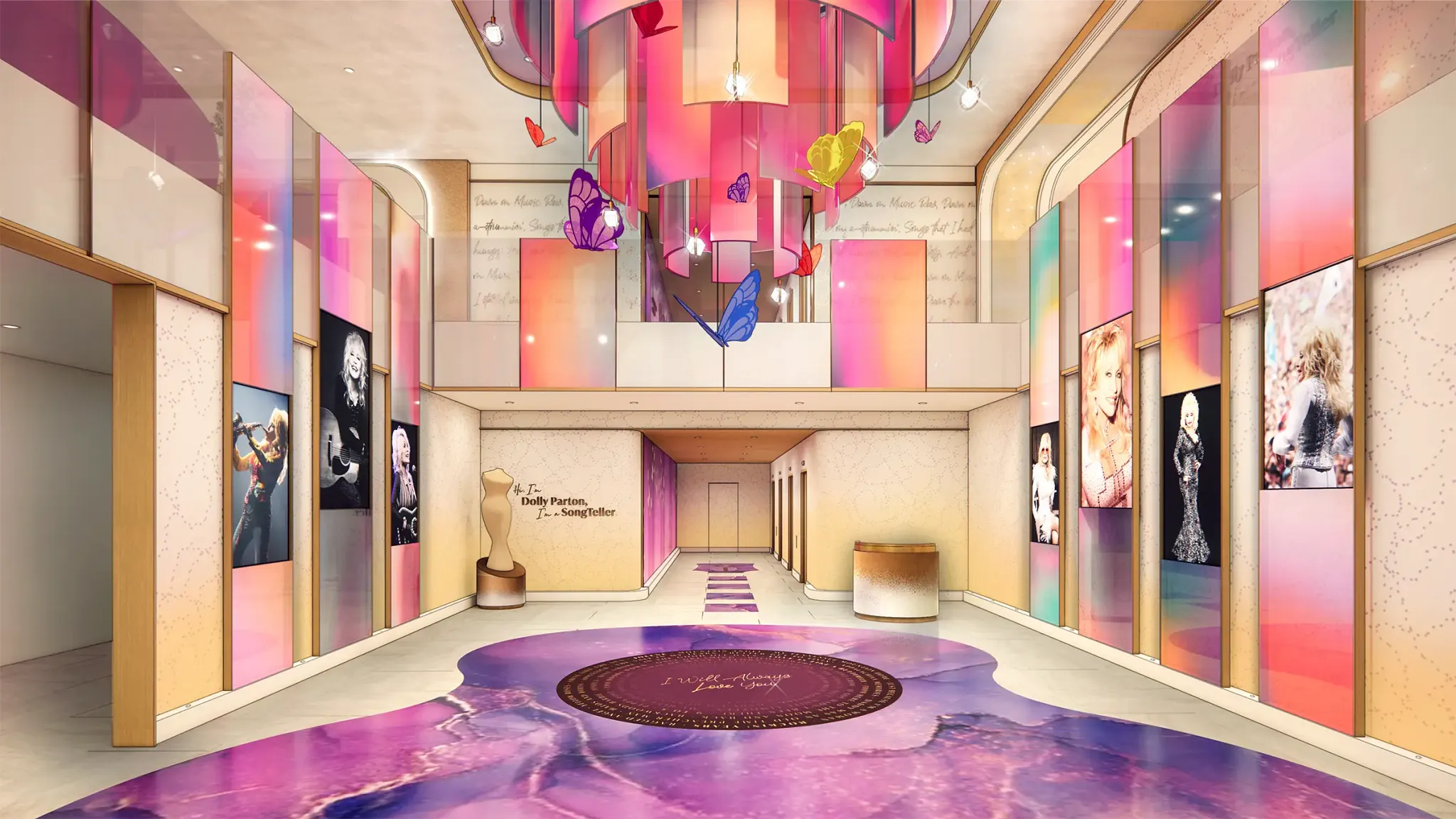 Rendering of the lobby at Dolly Parton's Songteller Hotel