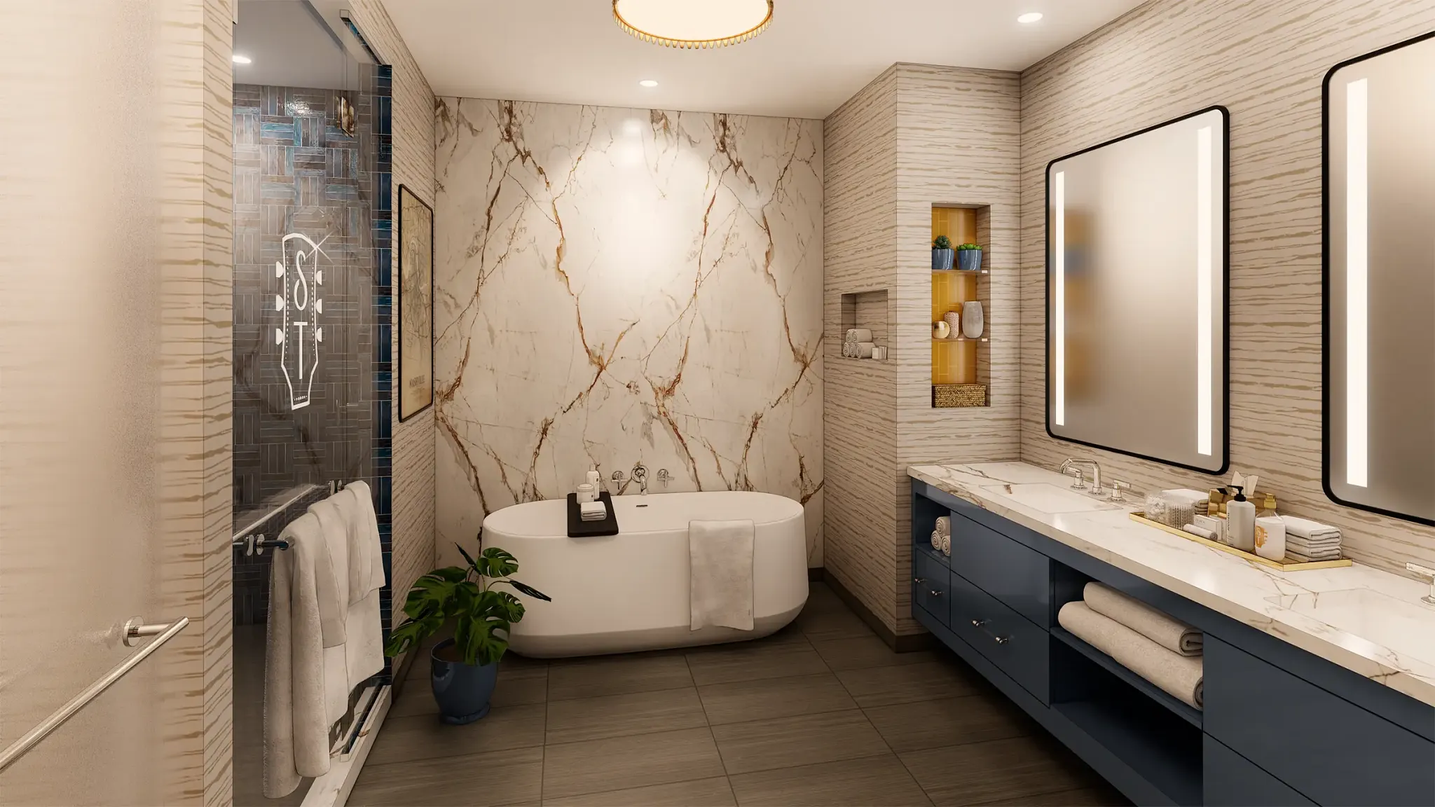 Rendering of a suite bathroom at Dolly Parton's Songteller Hotel