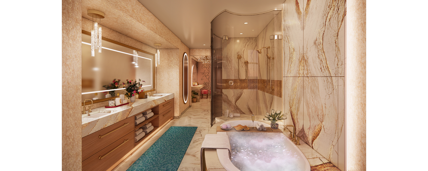 Rendering of a SongTeller Suite bathroom at Dolly Parton's Songteller Hotel