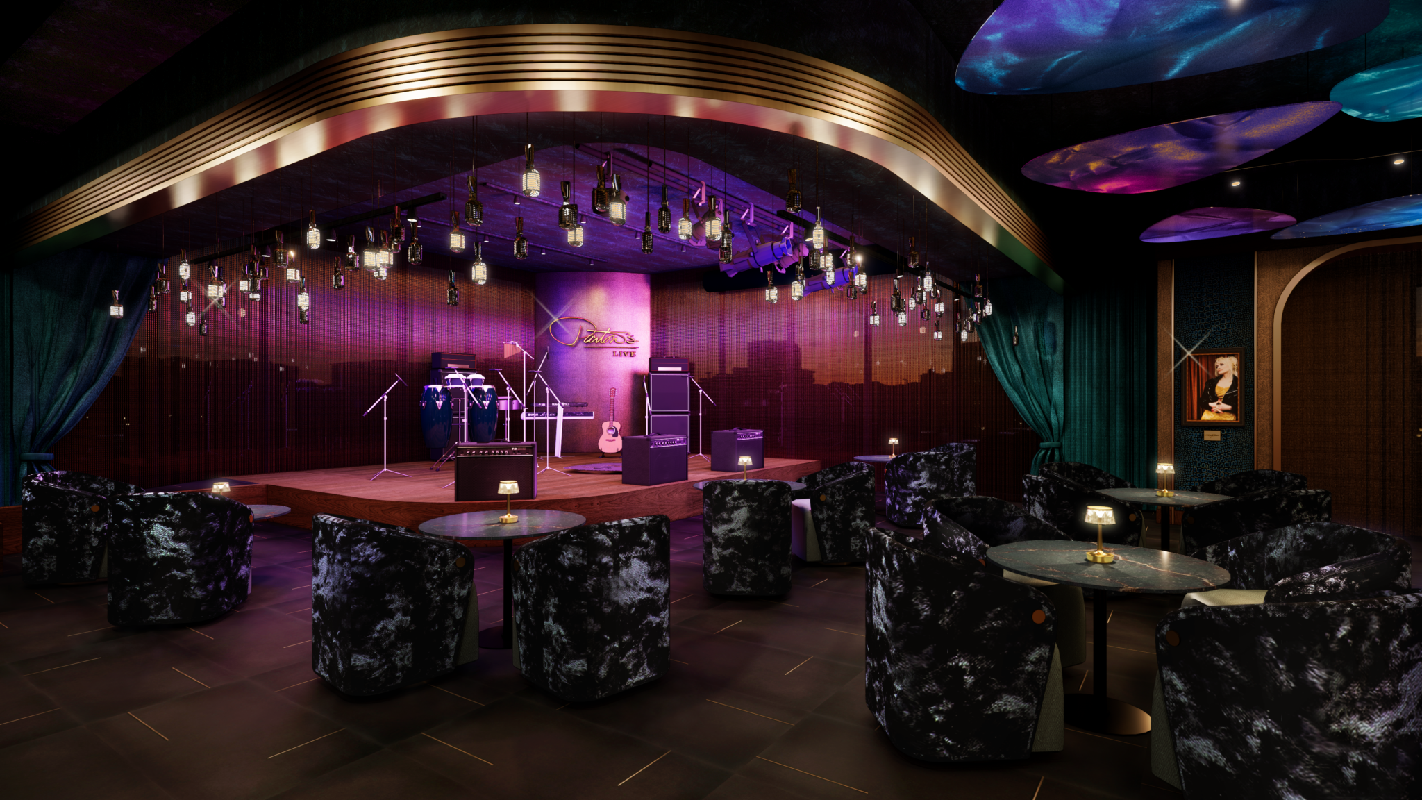 Rendering of Parton's Live at Dolly Parton's Songteller Hotel