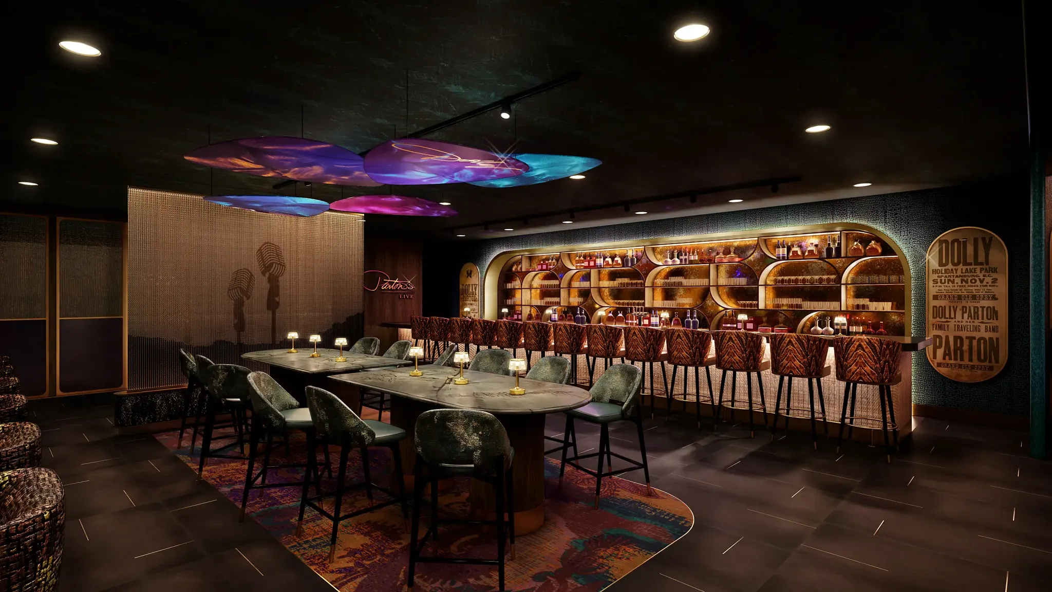 Rendering of Parton's Live at Dolly Parton's Songteller Hotel