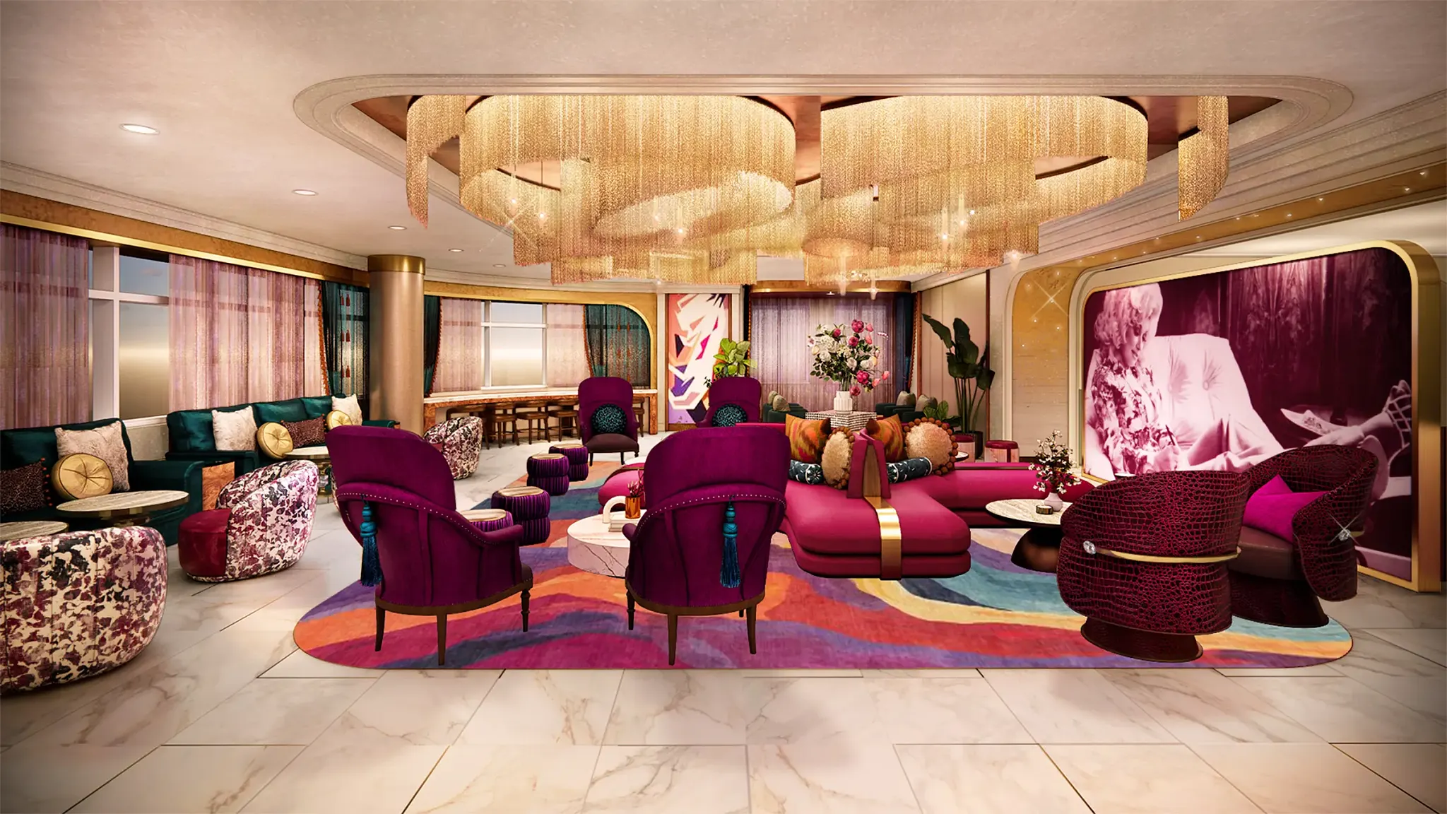 Rendering of the lobby seating at Dolly Parton's Songteller Hotel