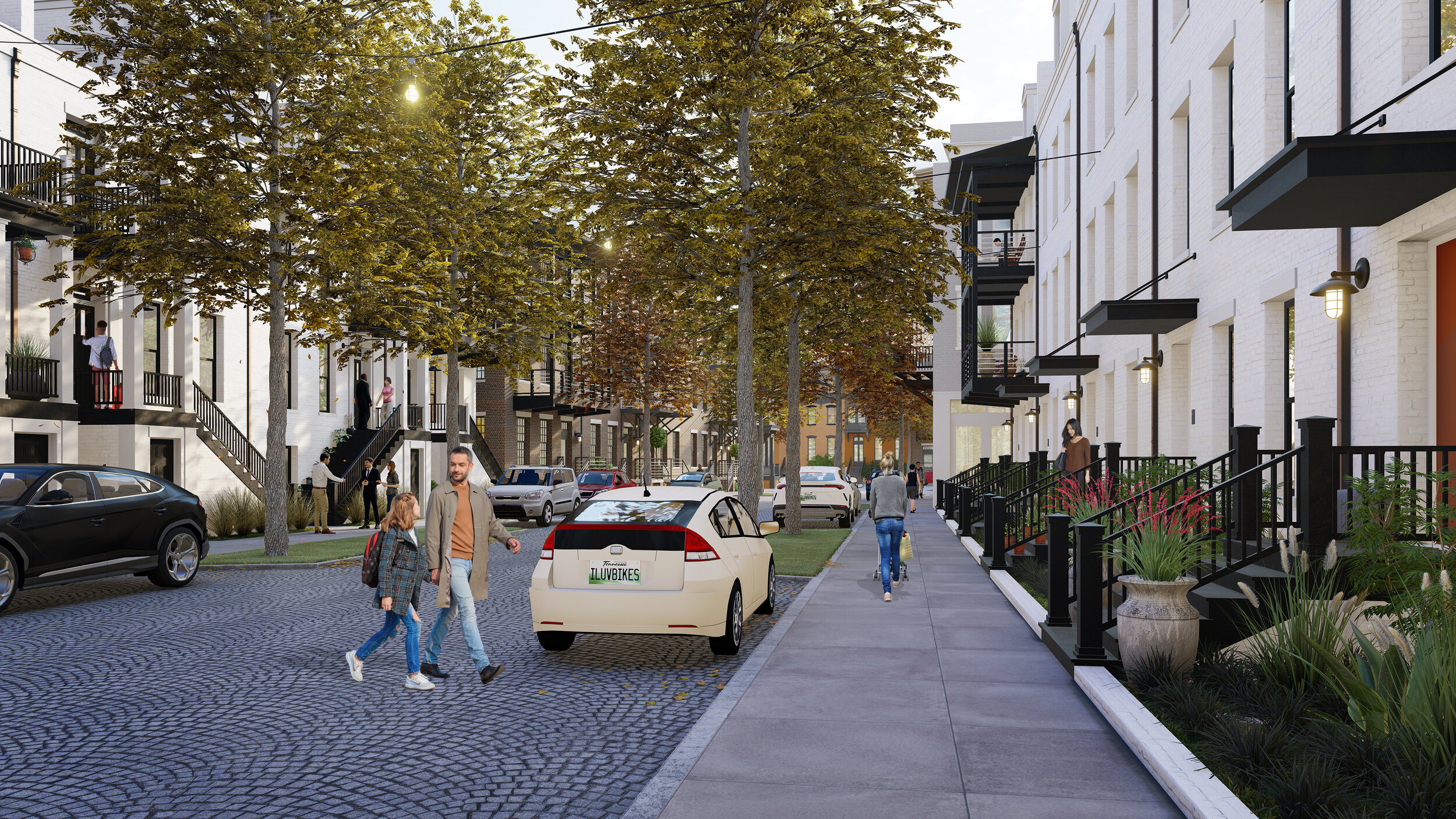 Rendering of a residential street at The Bend in Chattanooga