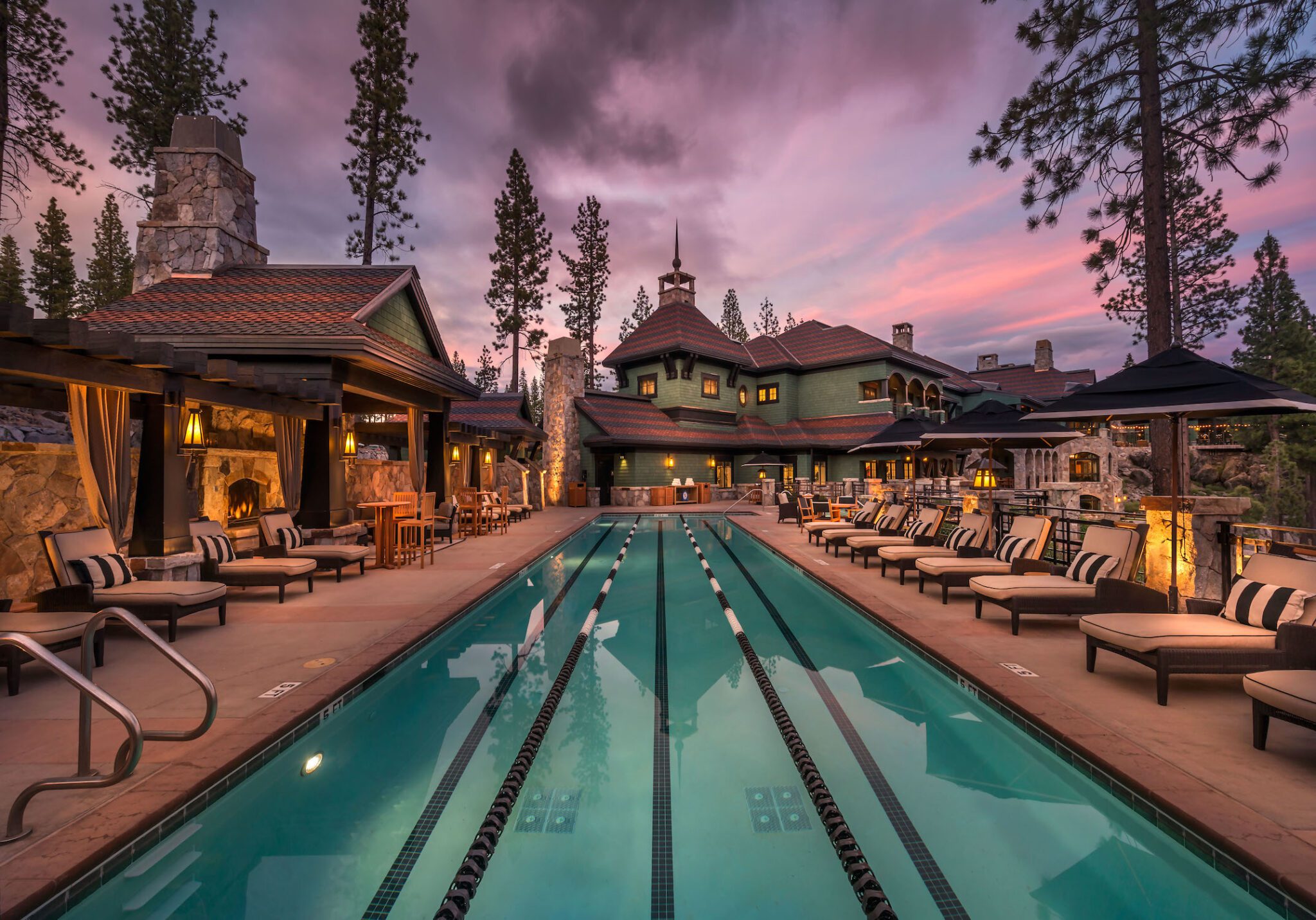 The heated outdoor lap pool at the Camp Lodge