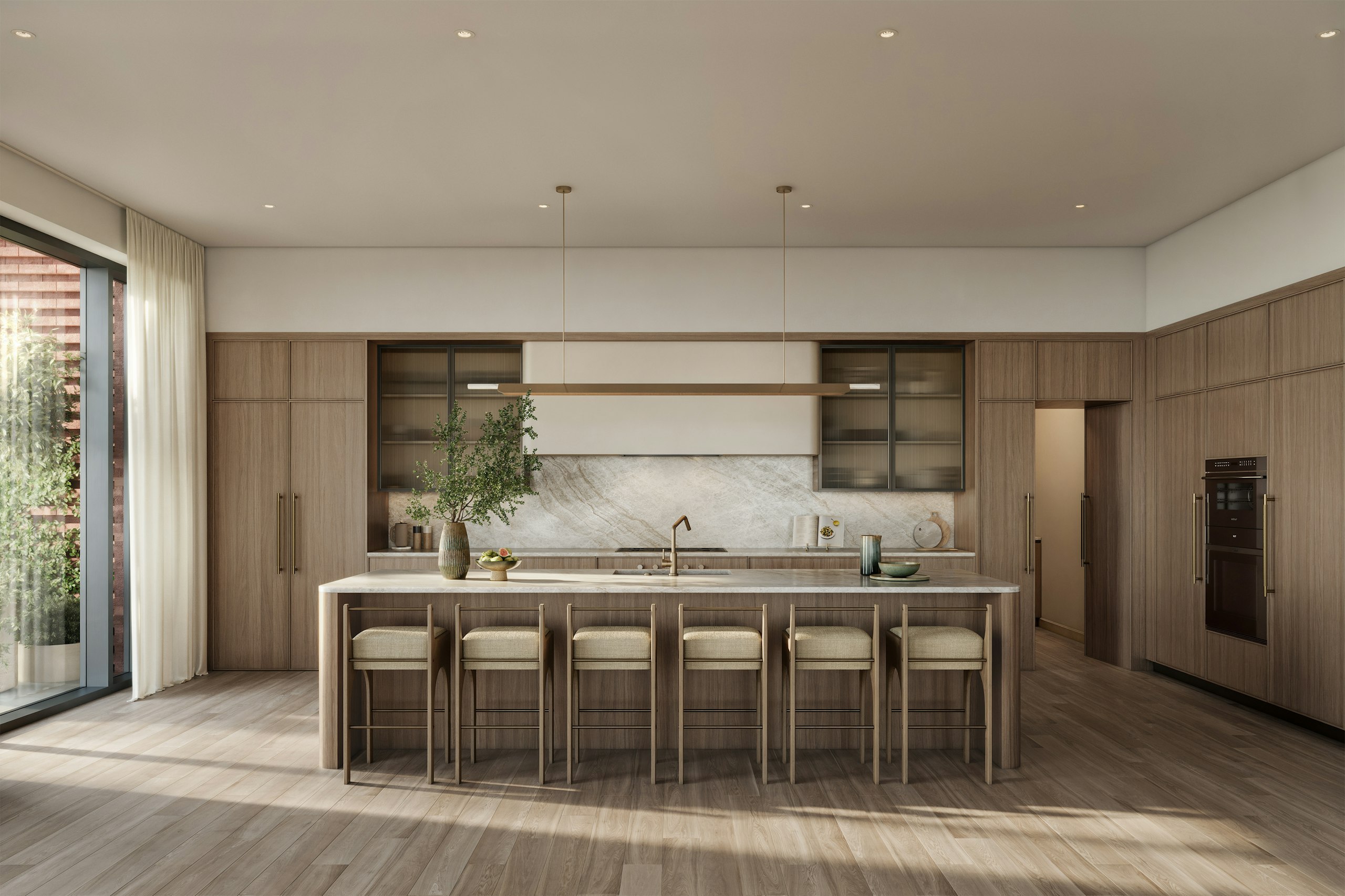 Rendering of a penthouse kitchen and great room at Fulton Bond