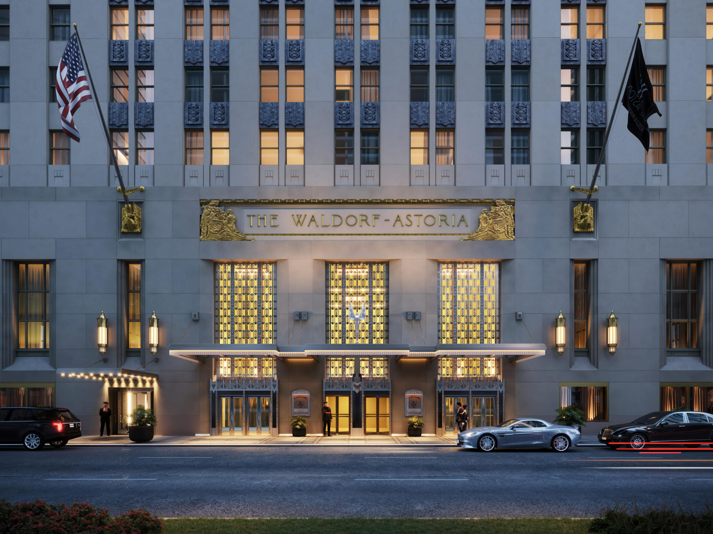 Street view of entrance into Waldorf Astoria
