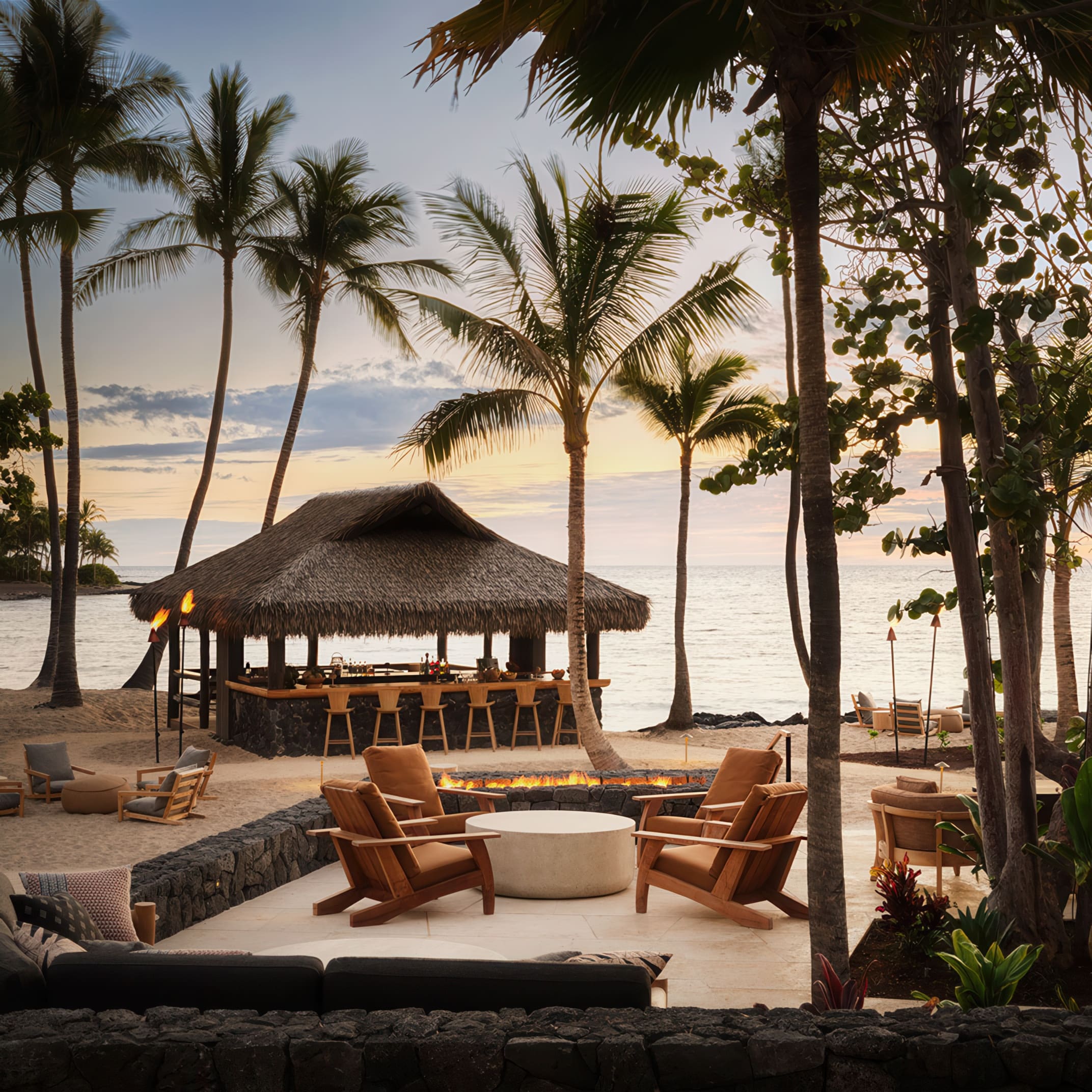 Outdoor lounge of Kona Village, A Rosewood Resort in Kailua-Kona, Hawaii awarded Three-Keys by Michelin