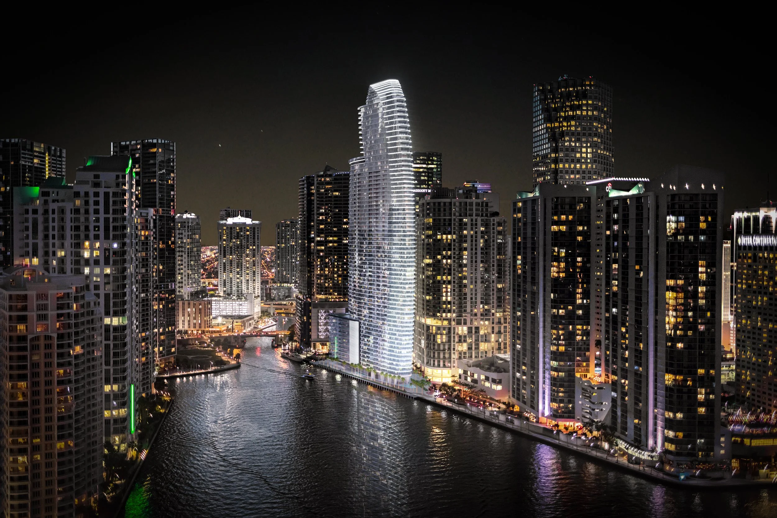 Aston Martin Residences, a 69-story waterfront tower standing 817 feet above the Miami River, sells its final sky penthouse, with the building nearing completion