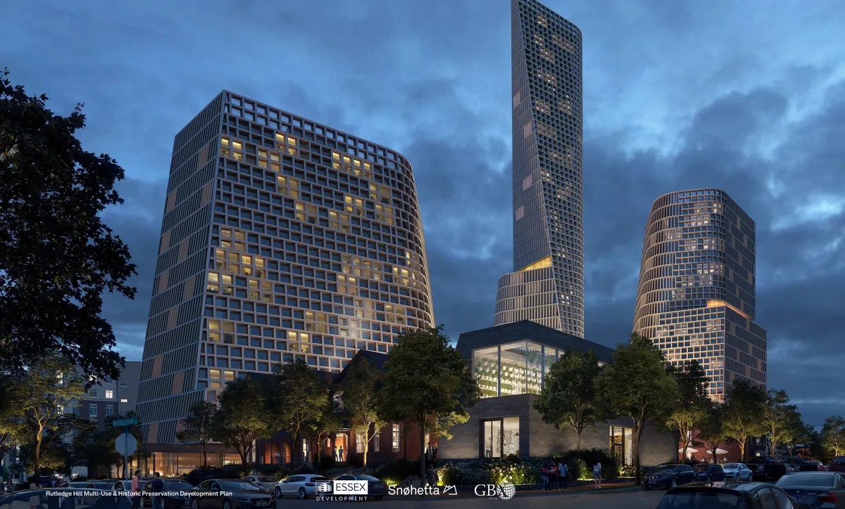 The Rutledge Hill Culinary District project under review, featuring three towers including a luxury hotel-condo, lifestyle hotel, residential tower, and retail village