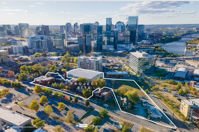 The Rutledge Hill Culinary District project under review, featuring three towers including a luxury hotel-condo, lifestyle hotel, residential tower, and retail village