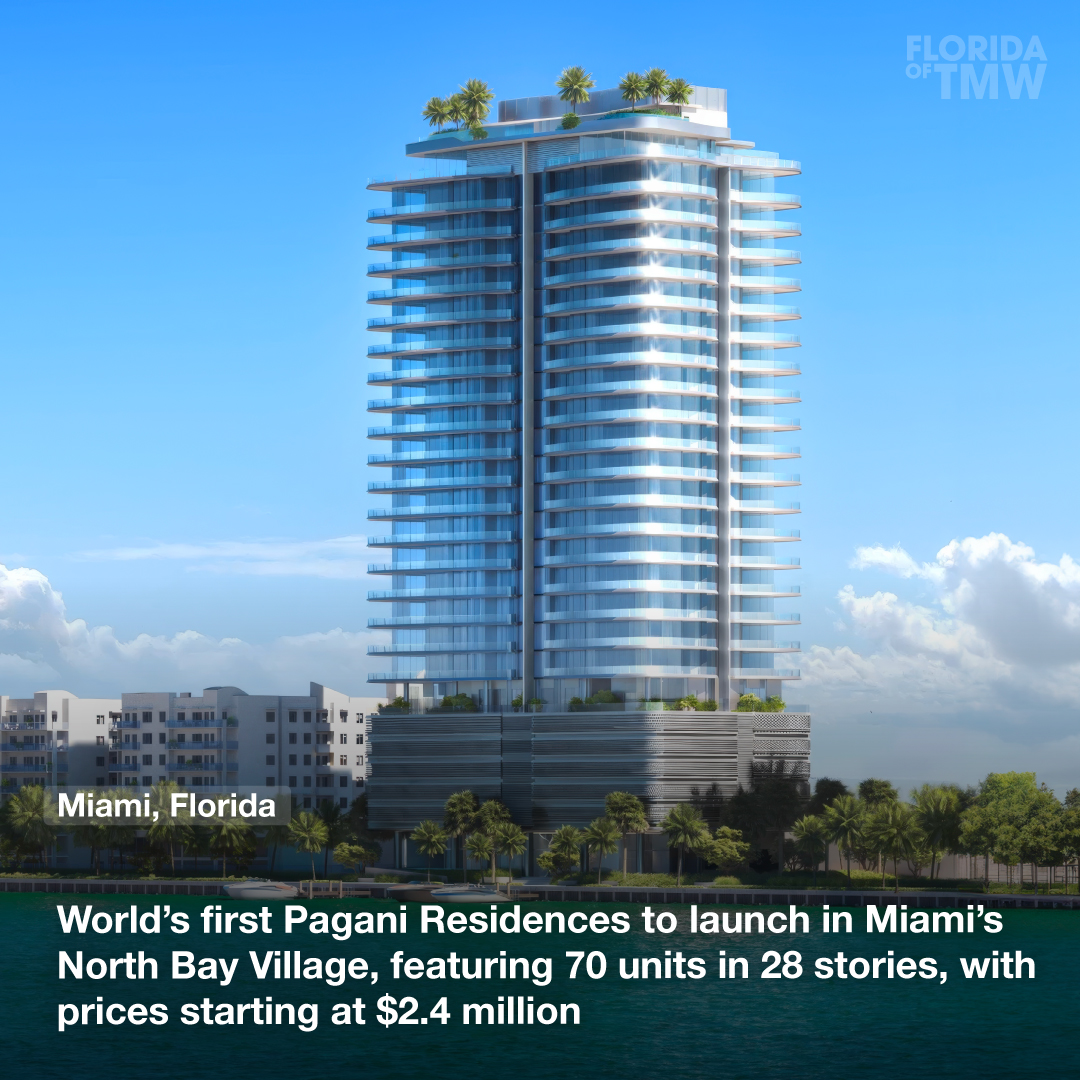 World's first Pagani Residences to launch in Miami’s North Bay Village, featuring 70 units in 28 stories, with prices starting at $2.4 million
