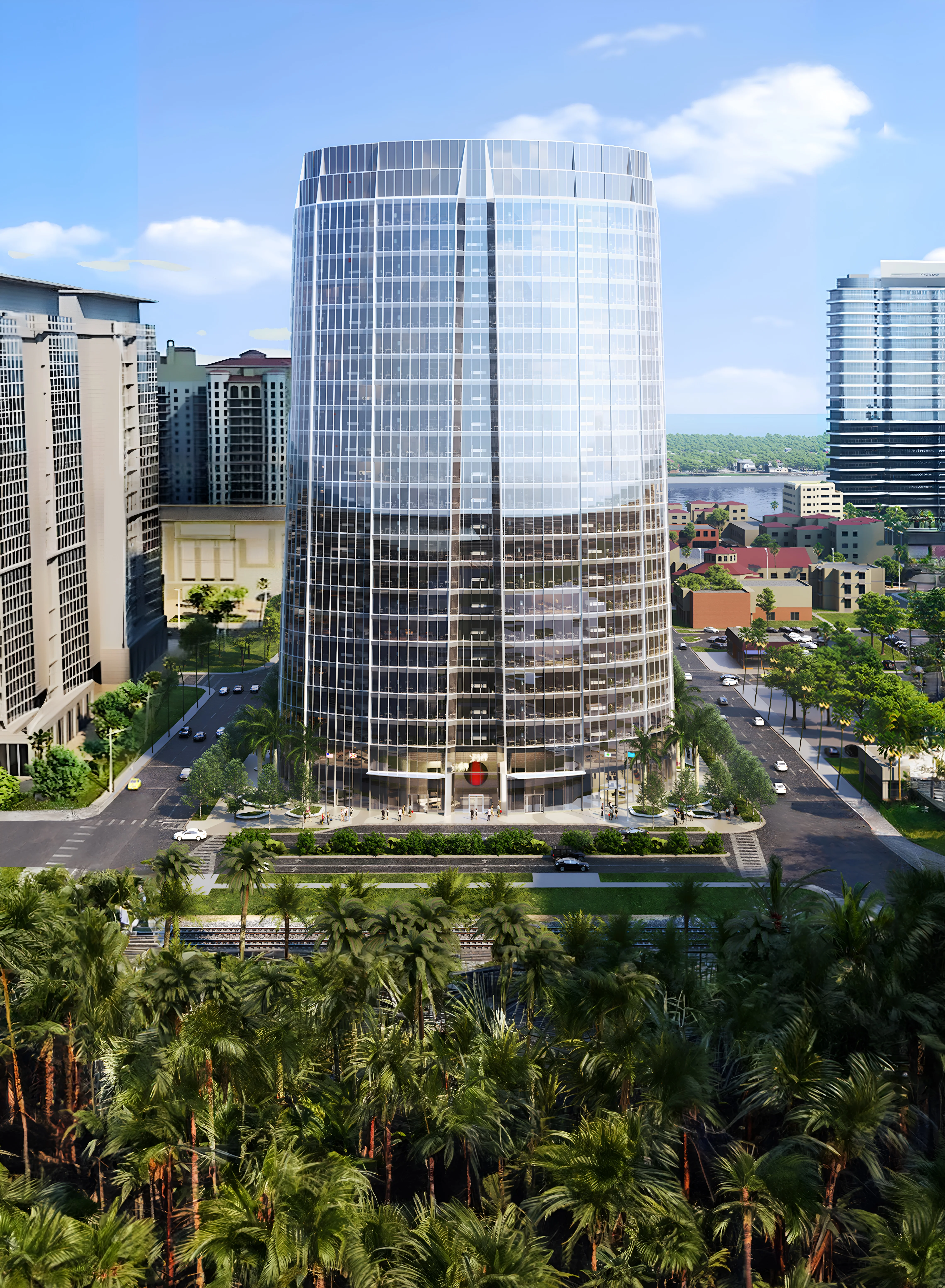 West Palm Point's elliptical glass tower over Okeechobee Boulevard